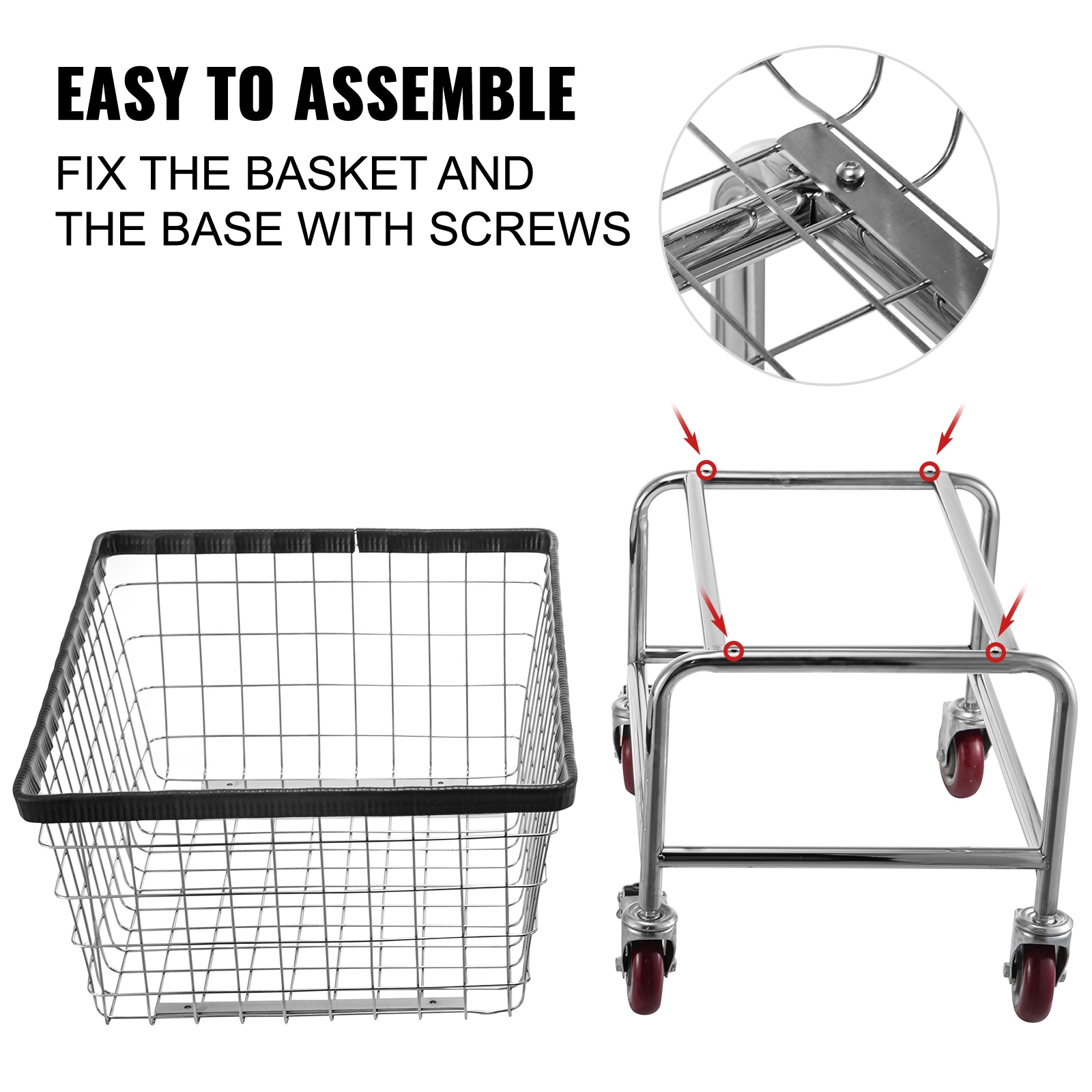 Wire Laundry Cart With Chrome Steel Frame And Rolling Wheels_voghion.com